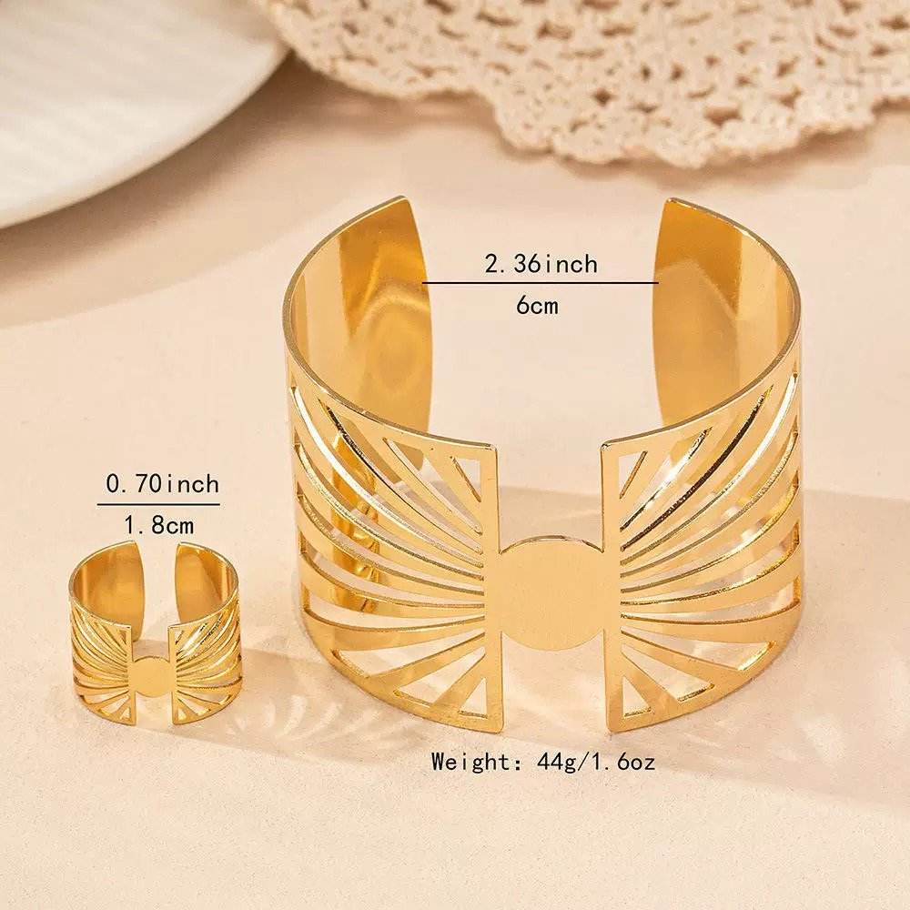 Buy Center 14K Gold Plated Geometric Ring & Cuff Set - Adjustable Elegance - Buy Center