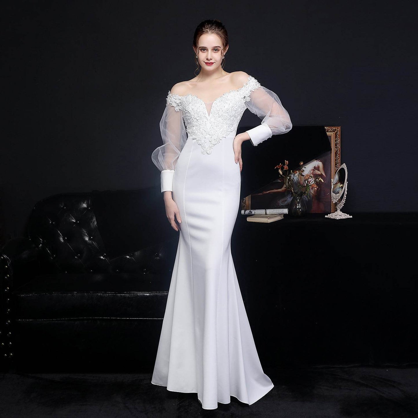 Buycenter Long-Sleeved Evening Dress - Full Craft Lace & Satin - Buy Center