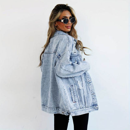 Boyfriend-Style Ripped Denim Jacket - Light Blue Casual Fashion 2025 - Buy Center