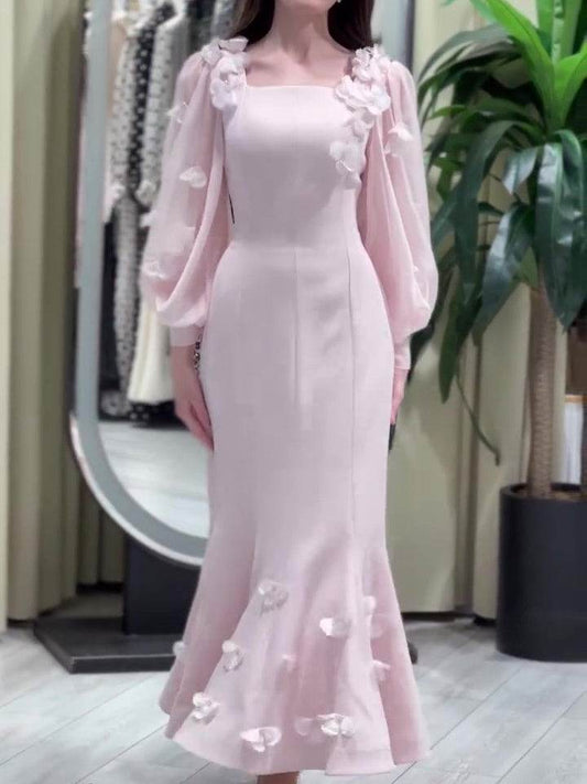 Buycenter Elegant Flower Embellished Long Sleeve Fishtail Maxi Dress - Buy Center