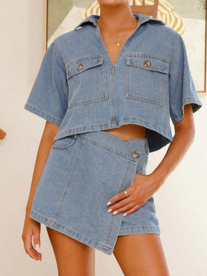 Women's V-Neck Denim Suit - Irregular Short Sleeve Top & Skirt Set - Buy Center