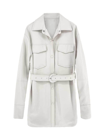 Women's Retro White Leather Coat - Chic Mid-Length Blouse Style 2025 - Buy Center