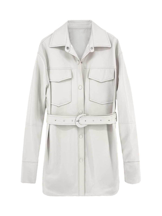Women's Retro White Leather Coat - Chic Mid-Length Blouse Style 2025 - Buy Center