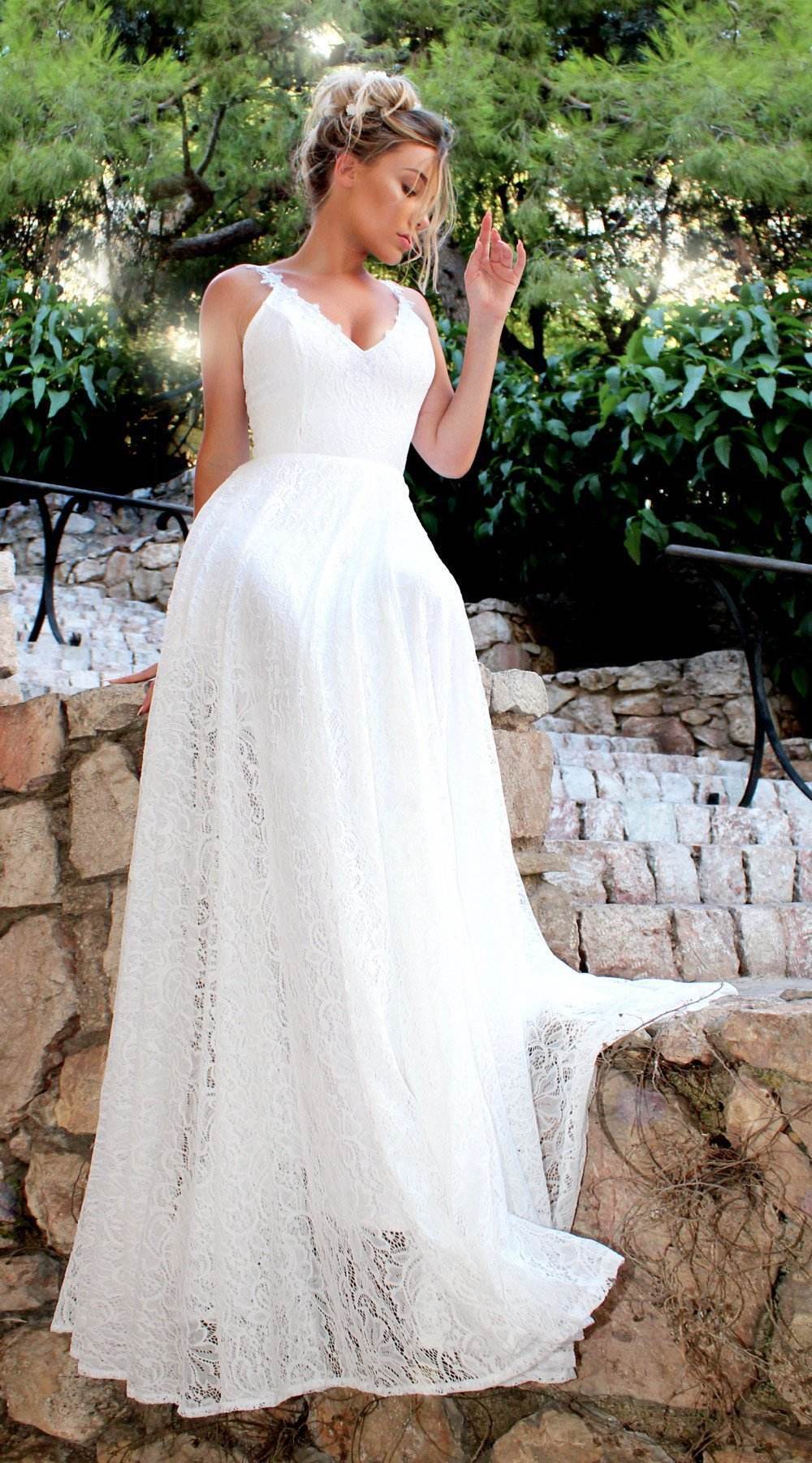 Buycenter V-Neck Lace Dress - Elegant Wedding Gown with Swing Skirt - Buy Center