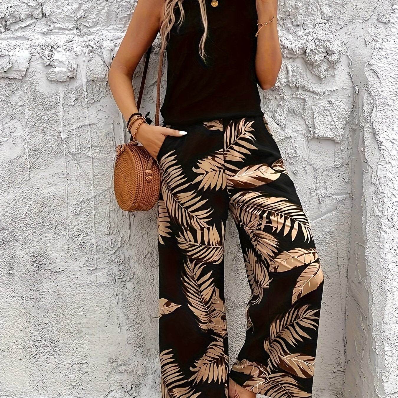 Elegant Two-Piece Floral Set - Sleeveless Top & Printed Pants - Buy Center