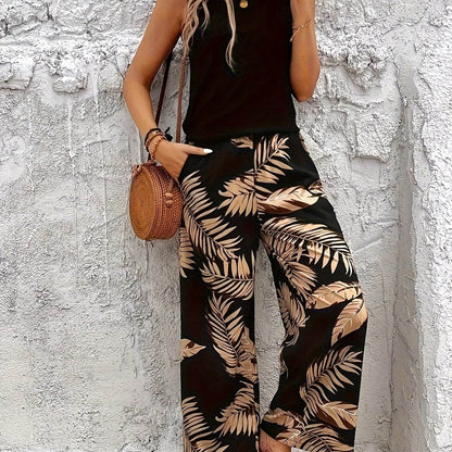 Elegant Two-Piece Floral Set - Sleeveless Top & Printed Pants - Buy Center