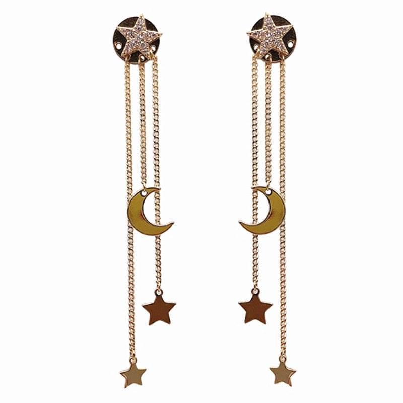 Buycenter Gold Star Moon Long Fringe Earrings - Fashionable Alloy Style - Buy Center