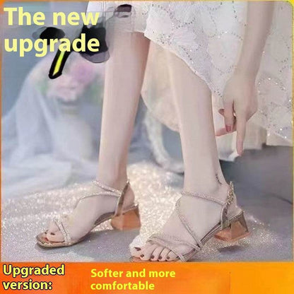 Women's Chunky Heel Sandals - Stylish Ankle Buckle Design in Beige & Gold - Buy Center