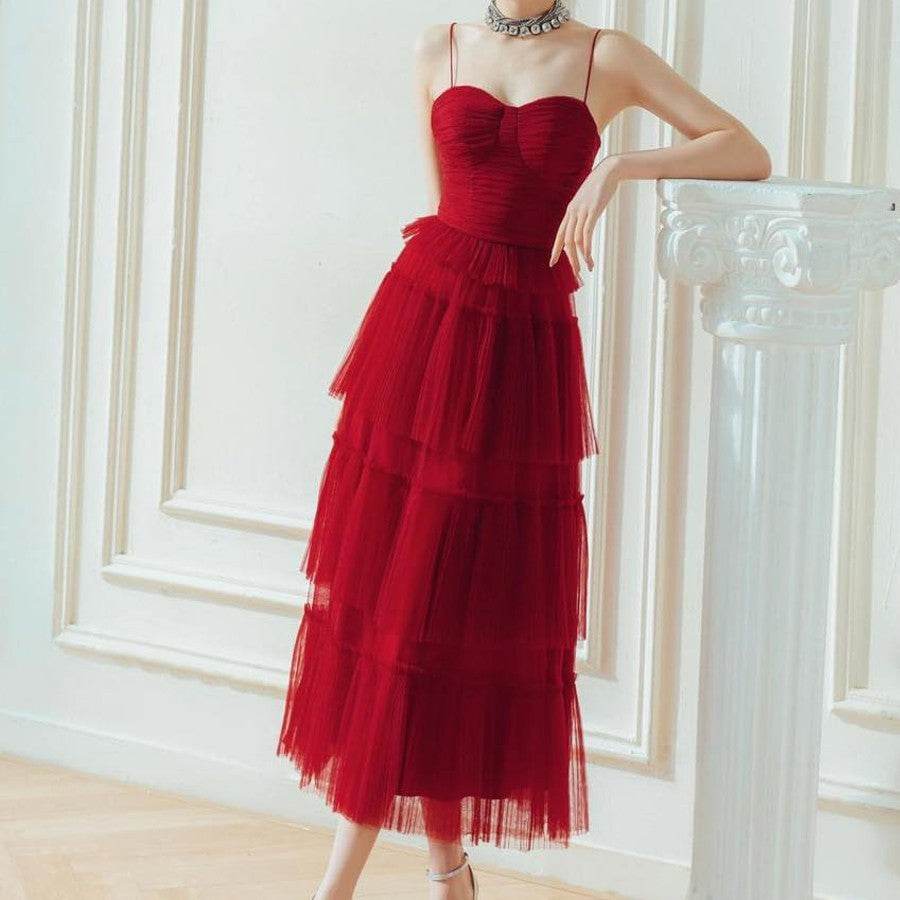 Buycenter Dark Red Evening Dress - Flowing Long Skirt for Elegant Occasions - Buy Center