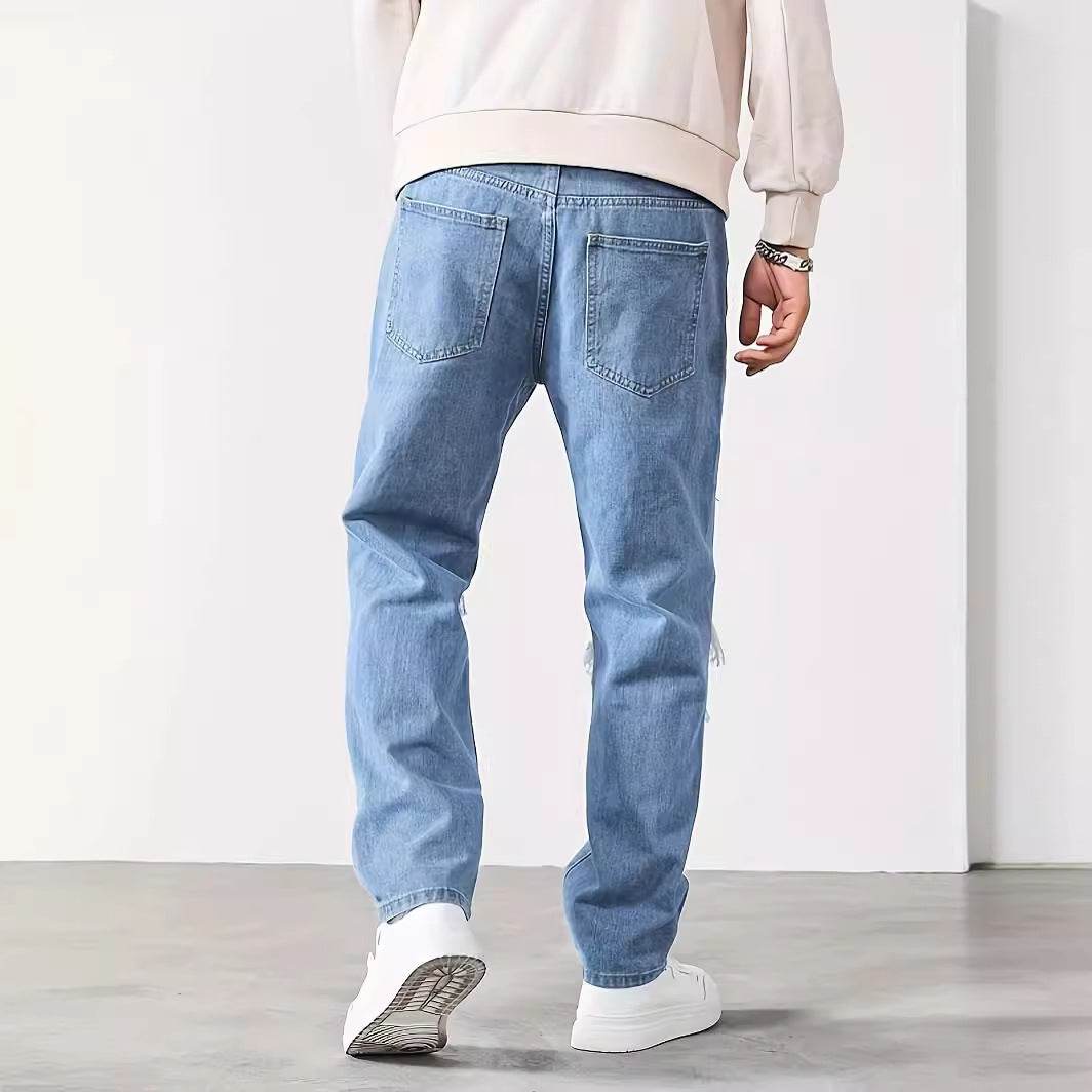 Korean Style Ripped Cropped Pants for Men - Light Blue, Mid Waist Fit - Buy Center