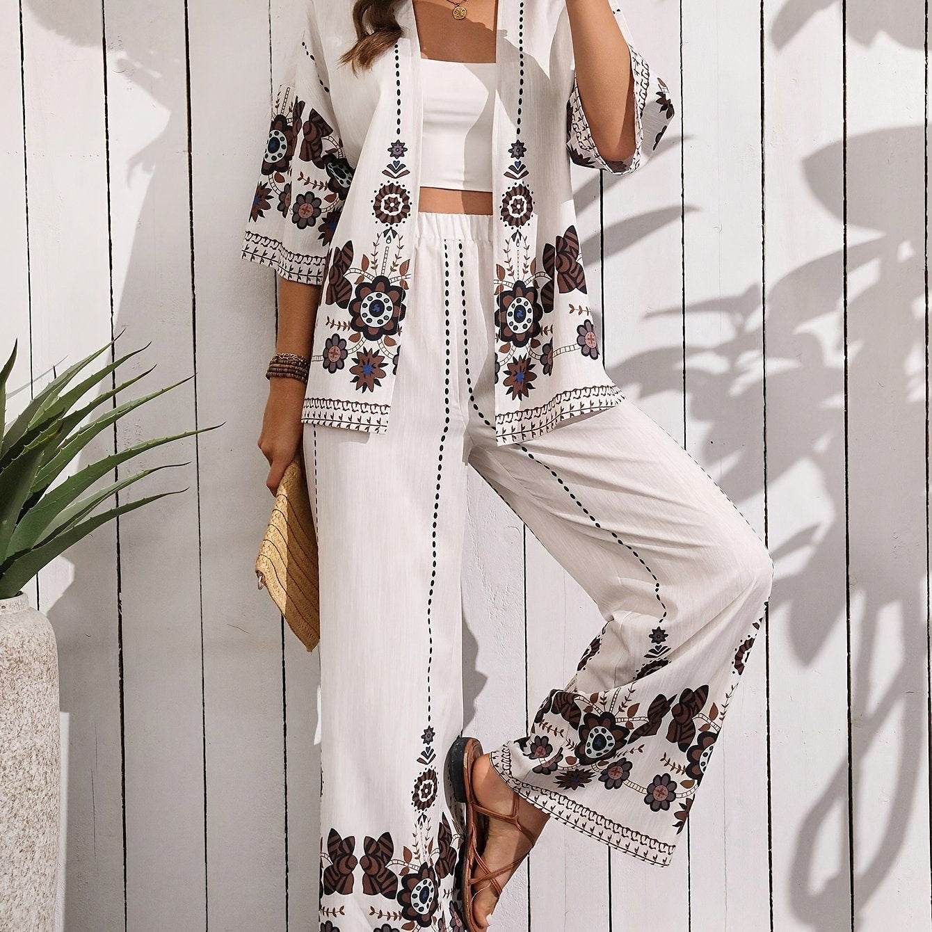 H632 Long Pants Floral Set - Casual Cardigan Collar Style - Buy Center