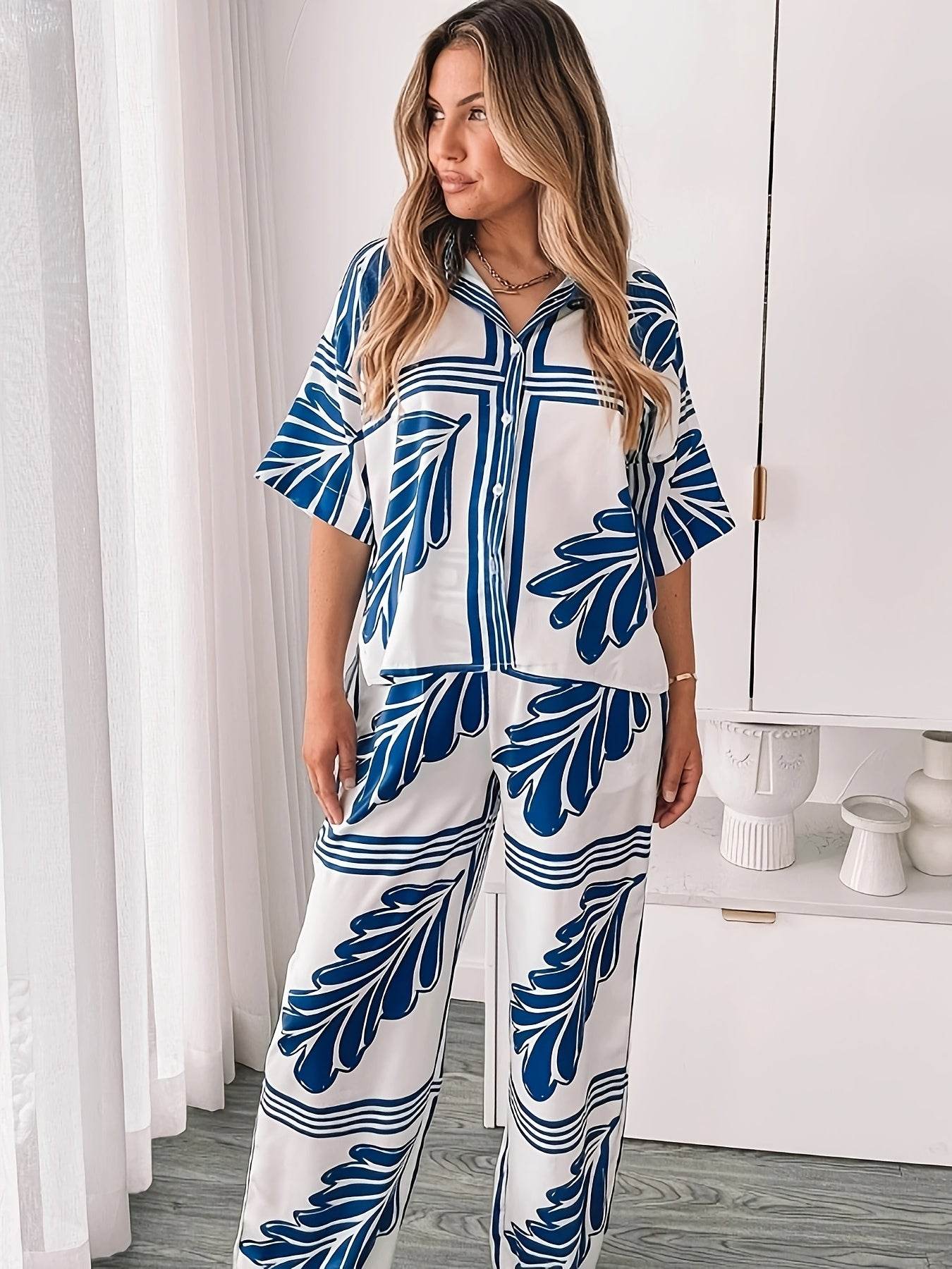 Women's Elegant Floral Print Two-Piece Set - Blue & White Summer Outfit - Buy Center