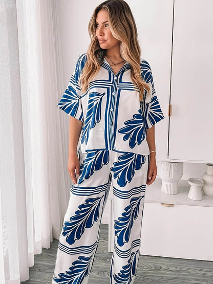 Women's Elegant Floral Print Two-Piece Set - Blue & White Summer Outfit - Buy Center