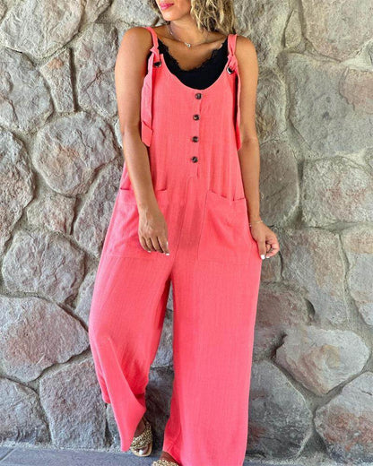 Women's Casual Button Suspender Pants - Chic Cotton-Linen Blend Style - Buy Center