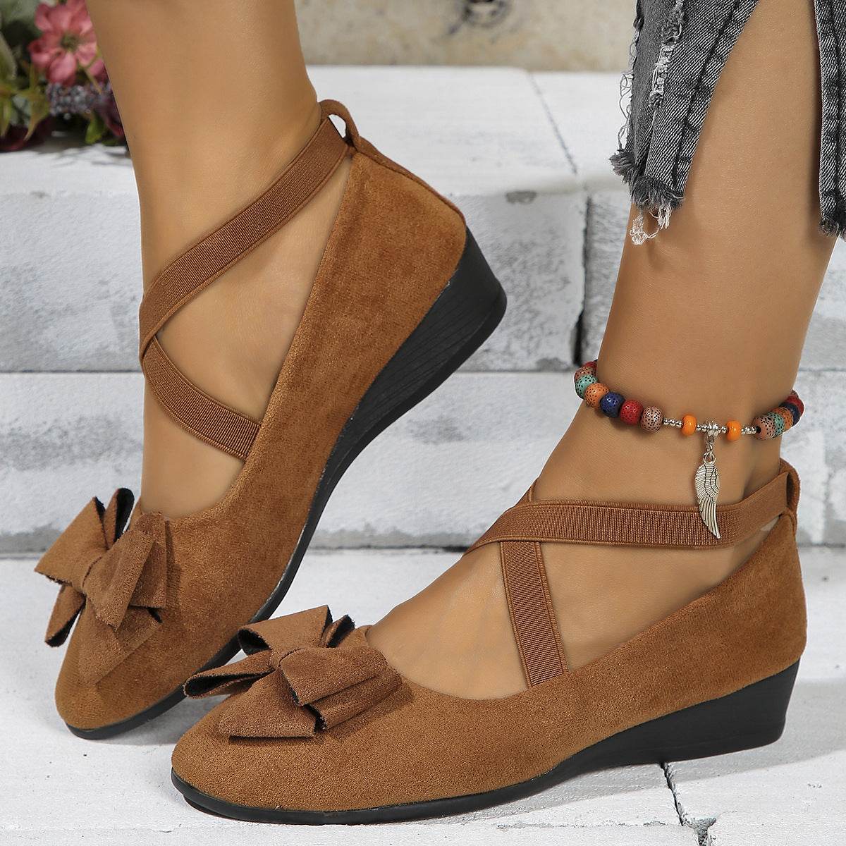 Chic Suede Bow Wedge Flats - Stylish Summer Comfort for Women - Buy Center