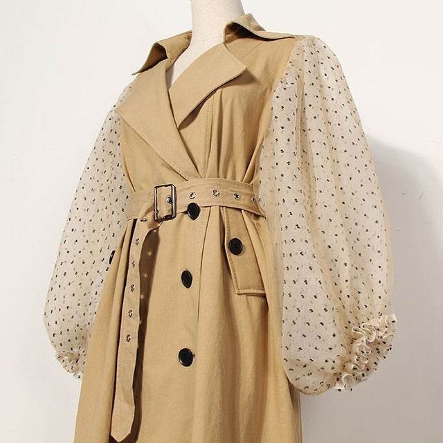 Buycenter Women's Mid-Length Trench Coat - Casual Cotton Dots Design - Buy Center