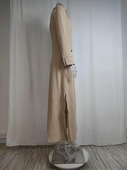 Buycenter Women's Long-Sleeved Dress - Elegant Tied Waist, Solid Colors - Buy Center