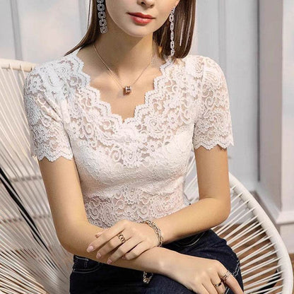 Ladies V-Neck Hollow Lace Short Sleeve Shirt - Slim Fit & Stylish Accents - Buy Center