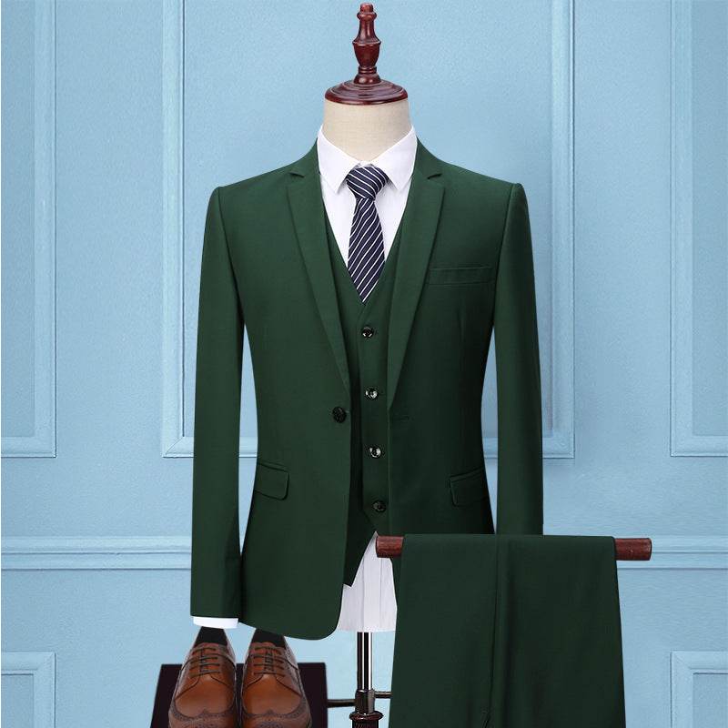 Korean Slim Fit Men's Three-Piece Suit - Dark Green Smart Business Attire - Buy Center