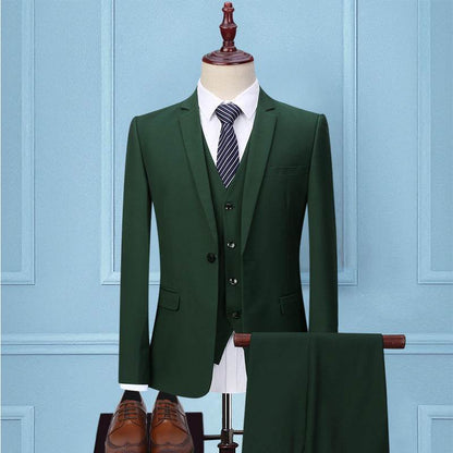 Korean Slim Fit Men's Three-Piece Suit - Dark Green Smart Business Attire - Buy Center