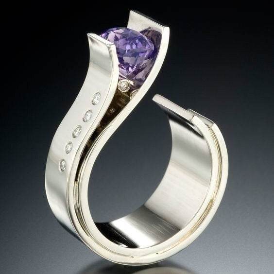 Buy Center Amethyst Diamond Two-Color Ring - Elegant Flower Design - Buy Center