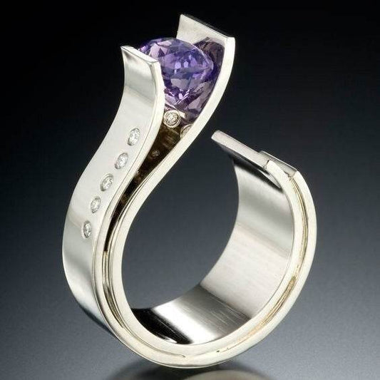 Buy Center Amethyst Diamond Two-Color Ring - Elegant Flower Design - Buy Center
