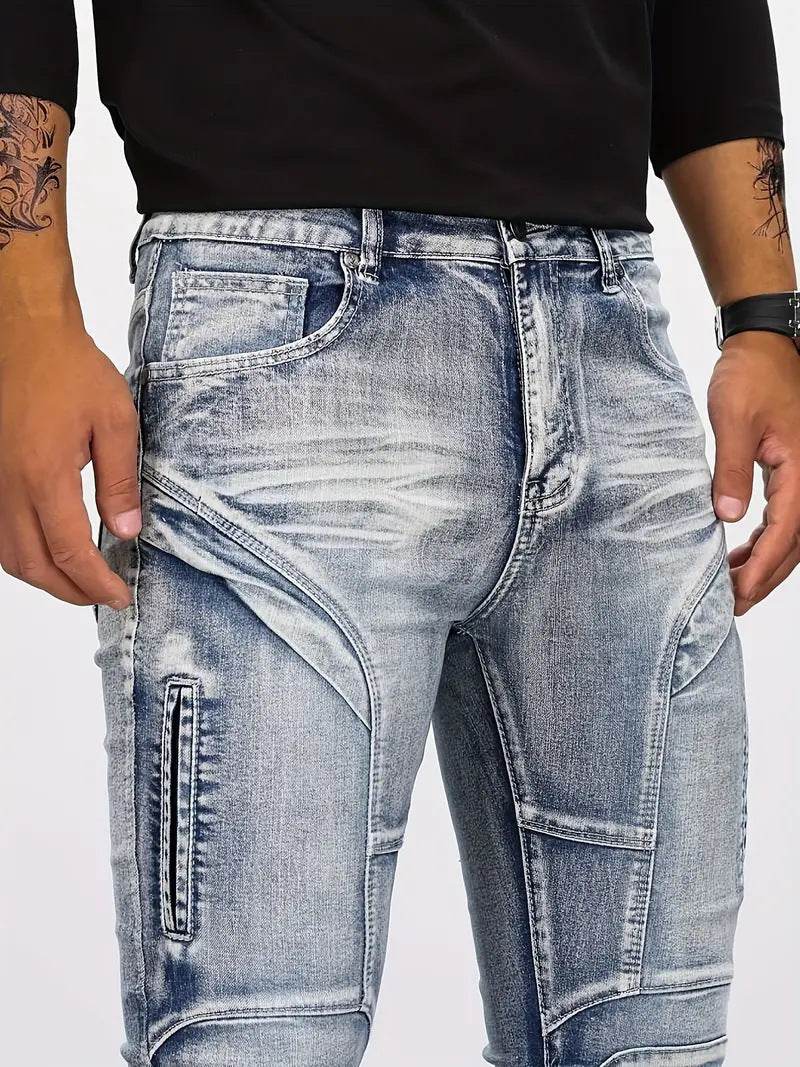 Retro Casual Stretch Motorcycle Jeans for Men - Mid Waist, Light Blue - Buy Center