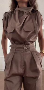 Elegant Shoulder Slimming Jumpsuit Set - Stylish Blouse & Pants Combo - Buy Center