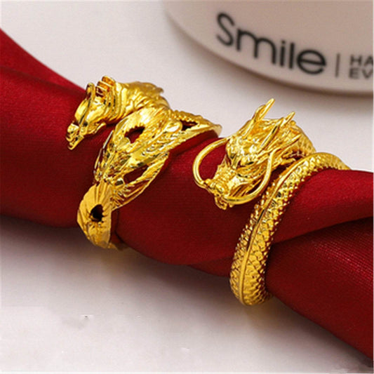 Dragon and Phoenix Lovers Ring - Adjustable Gold Plated Copper Jewelry - Buy Center