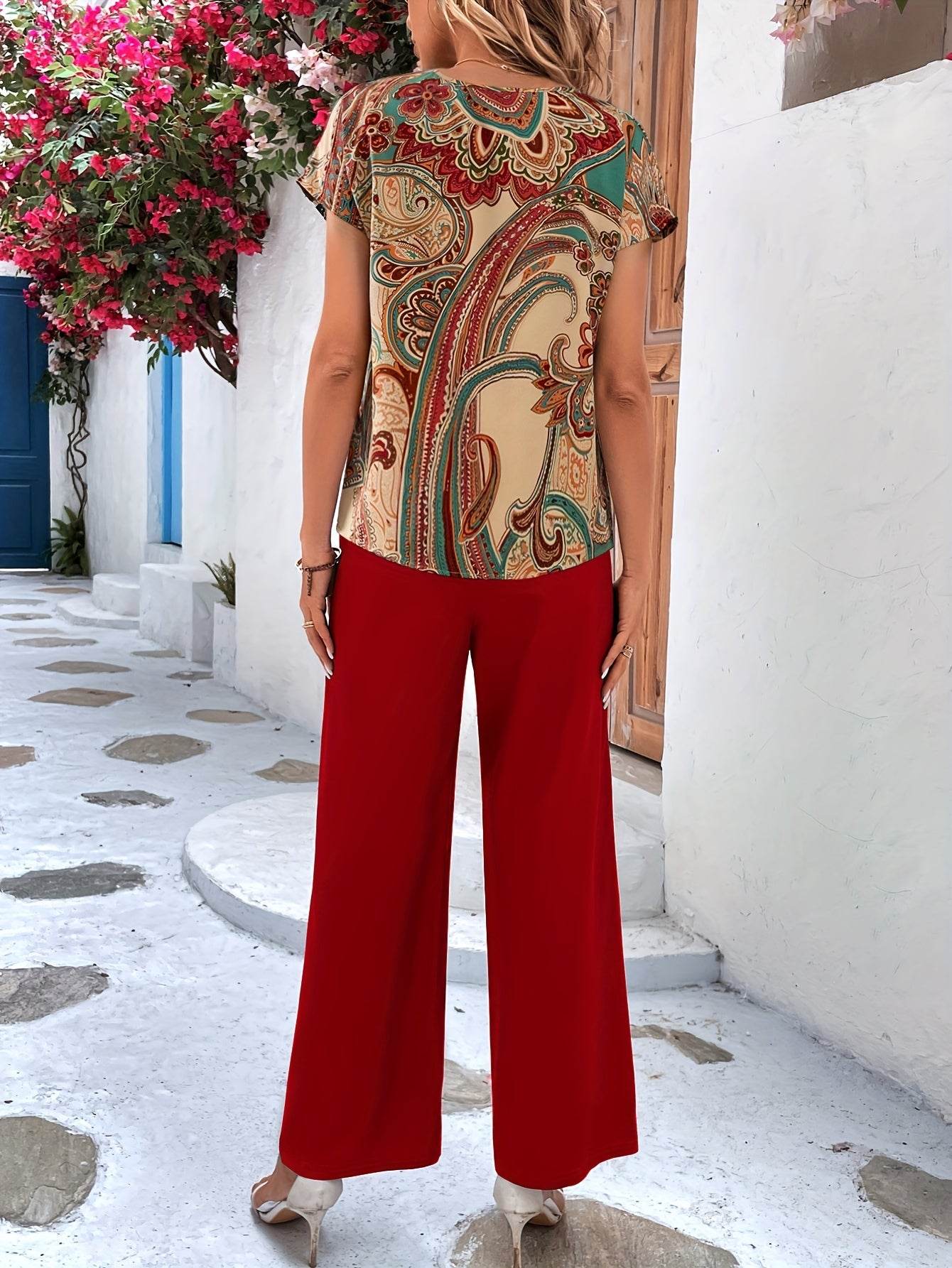 Floral Print Two-Piece Set - V Neck Top & Wide Leg Pants - Buy Center