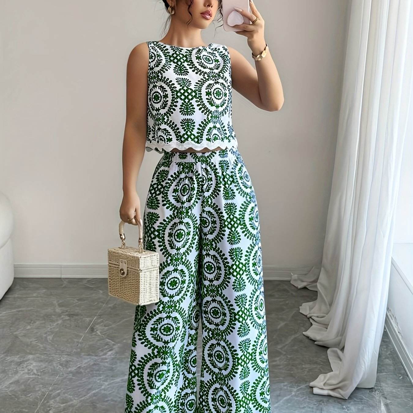 Elegant Women's 2pcs Set - Plant Pattern Top & Pants for All Seasons - Buy Center