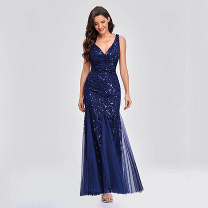 Buycenter Sleeveless V-Neck Mermaid Dress - Embroidered Sequin Elegance - Buy Center