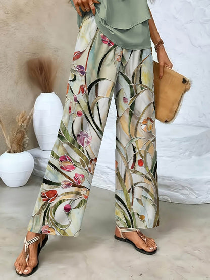 Women's Floral Print Two-Piece Set - Sleeveless Top & Wide-Leg Pants - Buy Center