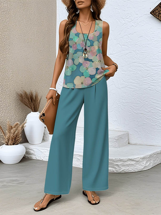 Women's Elegant Floral Printed Set - Square Neck Vest & Wide-Leg Pants - Buy Center