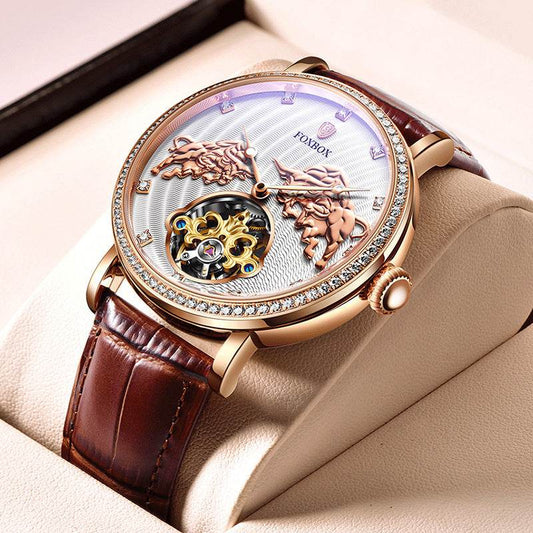 Men's Diamond Mechanical Watch - Waterproof 43mm Dial, Stylish Leather Strap - Buy Center