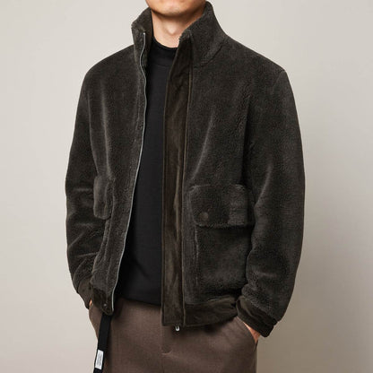 Buycenter Men's Winter Faux Lamb Jacket - Thick, Stylish Stand Collar - Buy Center