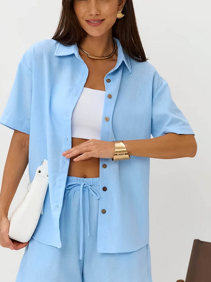 Women's Summer Two-Piece Set - Short Sleeve Shirt & Shorts - Buy Center