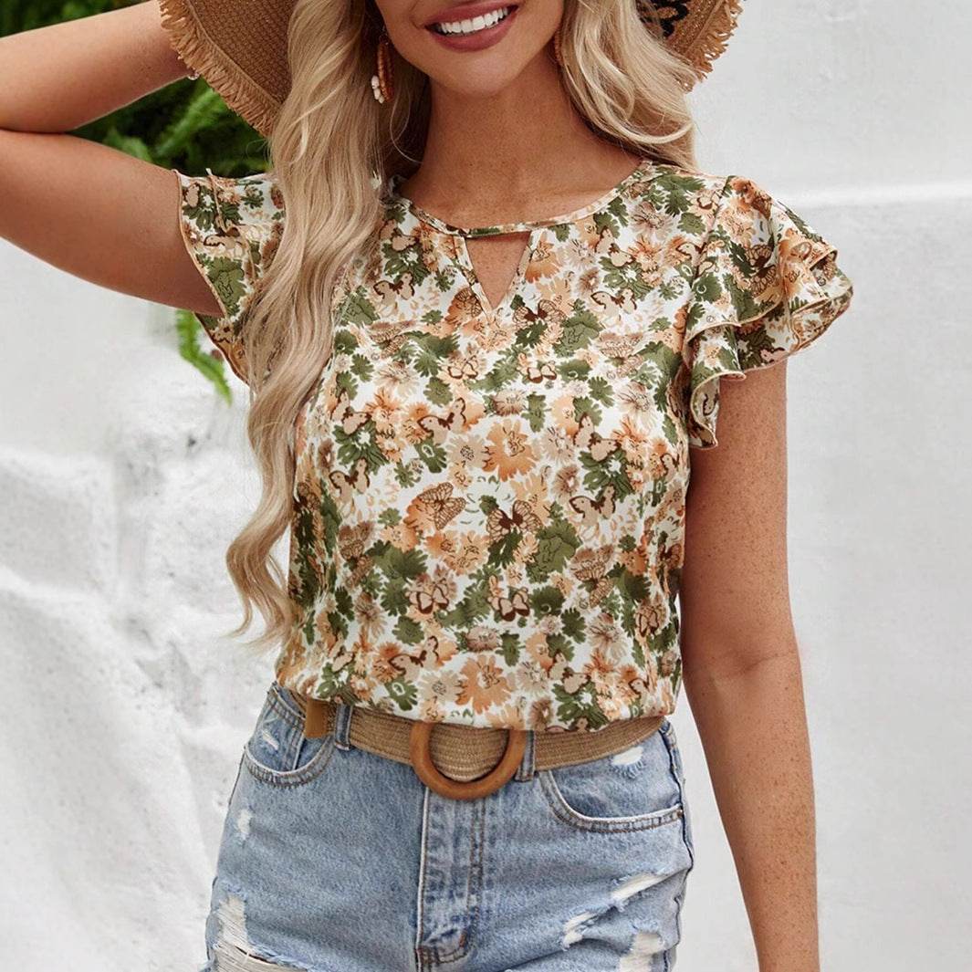 Buycenter Women's Floral Print Short Sleeve Shirt - Summer Fashion Ruffled Top - Buy Center