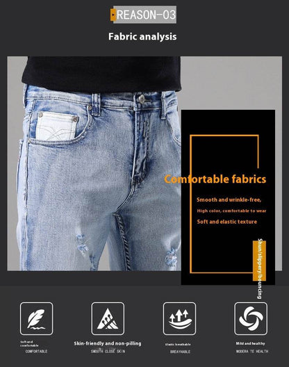 Men's Slim-Fit Ripped White Jeans - Casual Mid Waist Summer Pants - Buy Center