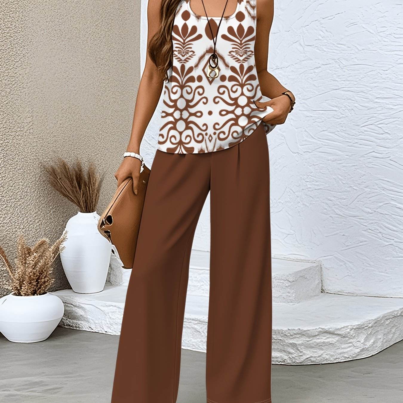 Elegant Women's Floral Print Top & Wide Leg Pants Set - Casual Wear - Buy Center