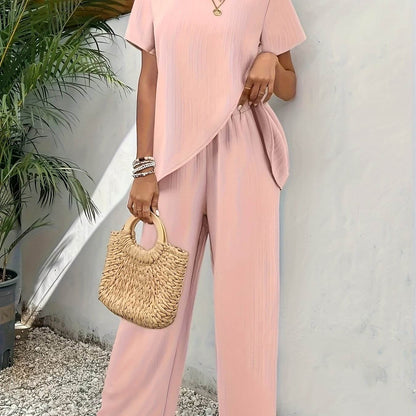 Elegant Two-Piece Set - Asymmetrical Hem Top & Wide-Leg Pants - Buy Center