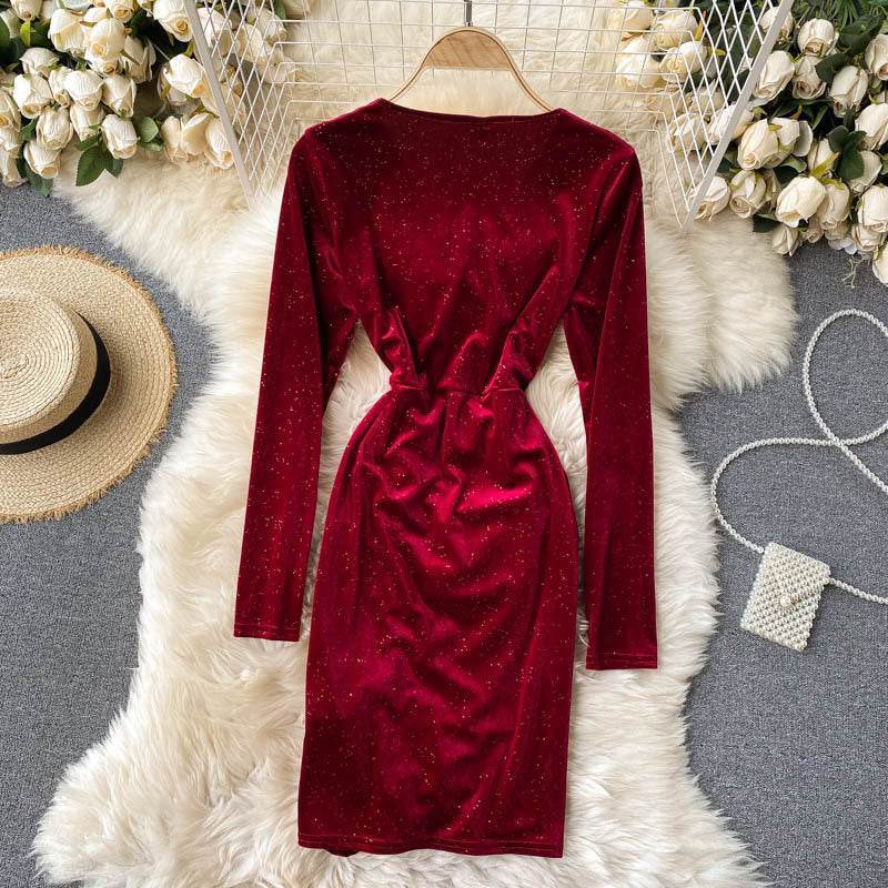 Buycenter V-Neck Velvet Evening Dress - Gold Long Sleeve & Waist Pack - Buy Center