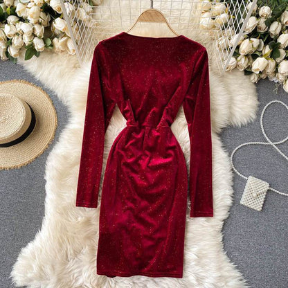 Buycenter V-Neck Velvet Evening Dress - Gold Long Sleeve & Waist Pack - Buy Center