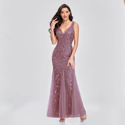 Buycenter Sleeveless V-Neck Mermaid Dress - Embroidered Sequin Elegance - Buy Center