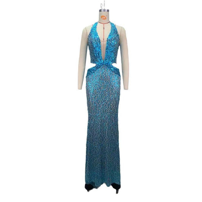 Sky Blue Halter Evening Dress - Deep V-Neck, Slimming Silhouette - Buy Center