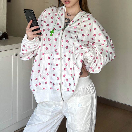 Buycenter Sweet Girlish Rose Printed Hoodie - Cozy Women's Cardigan - Buy Center