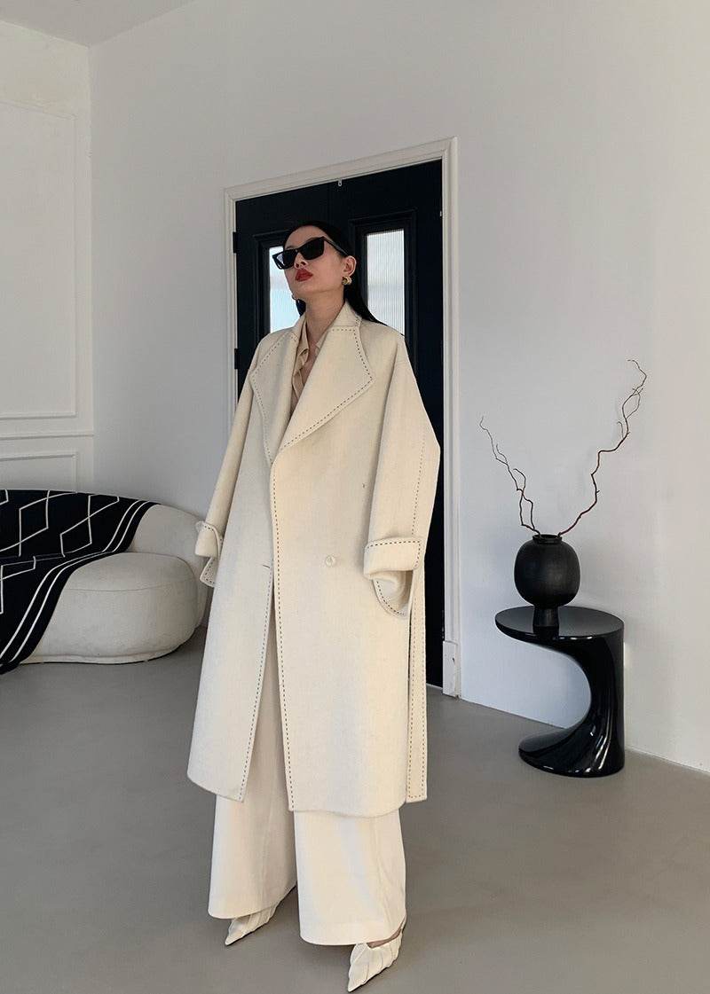 Buycenter Double-faced Woolen Overcoat - Long Fur Lapel, Lace-up Style - Buy Center