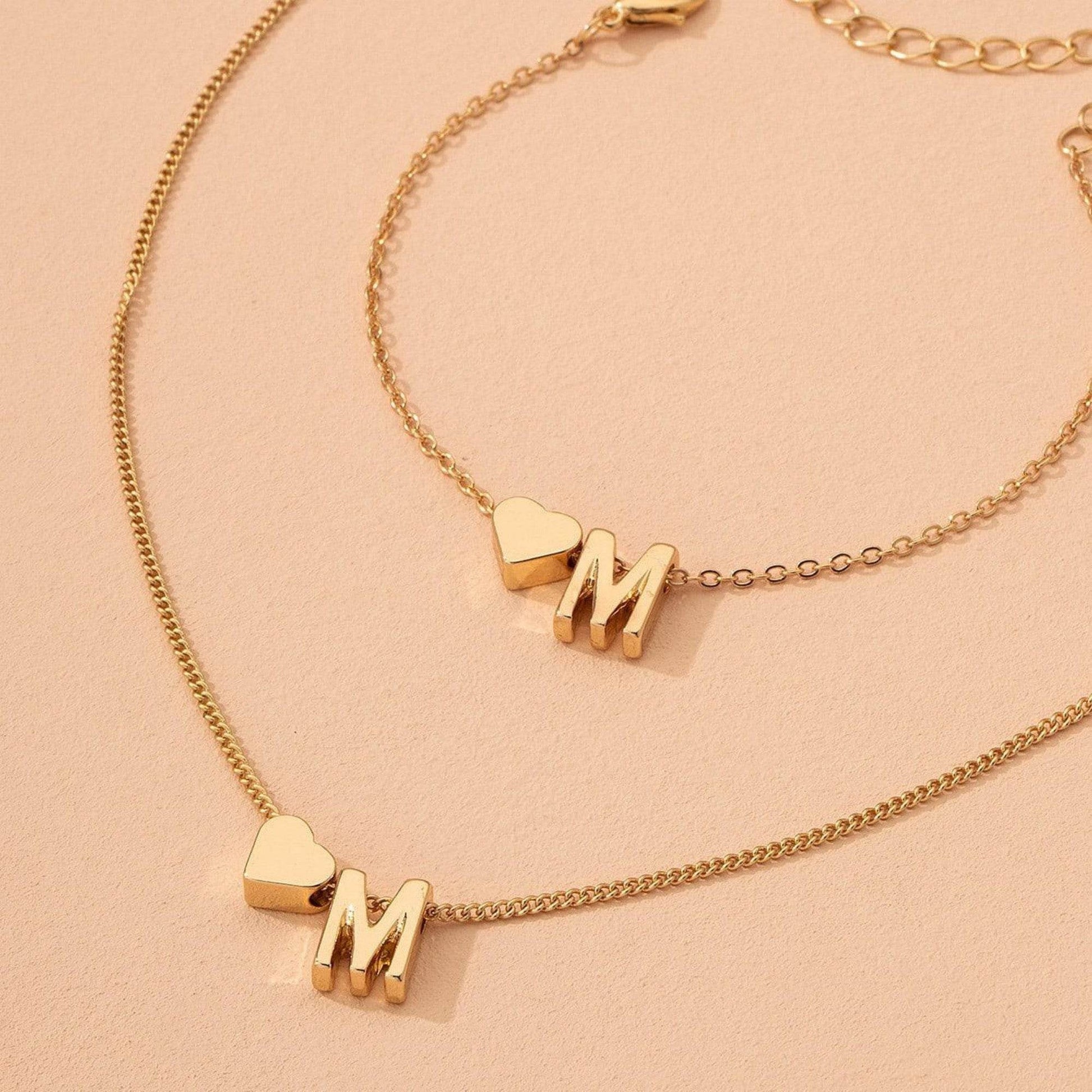 Buy Center Heart-Shaped Minimalist Necklace & Bracelet Set - Gold Alloy - Buy Center