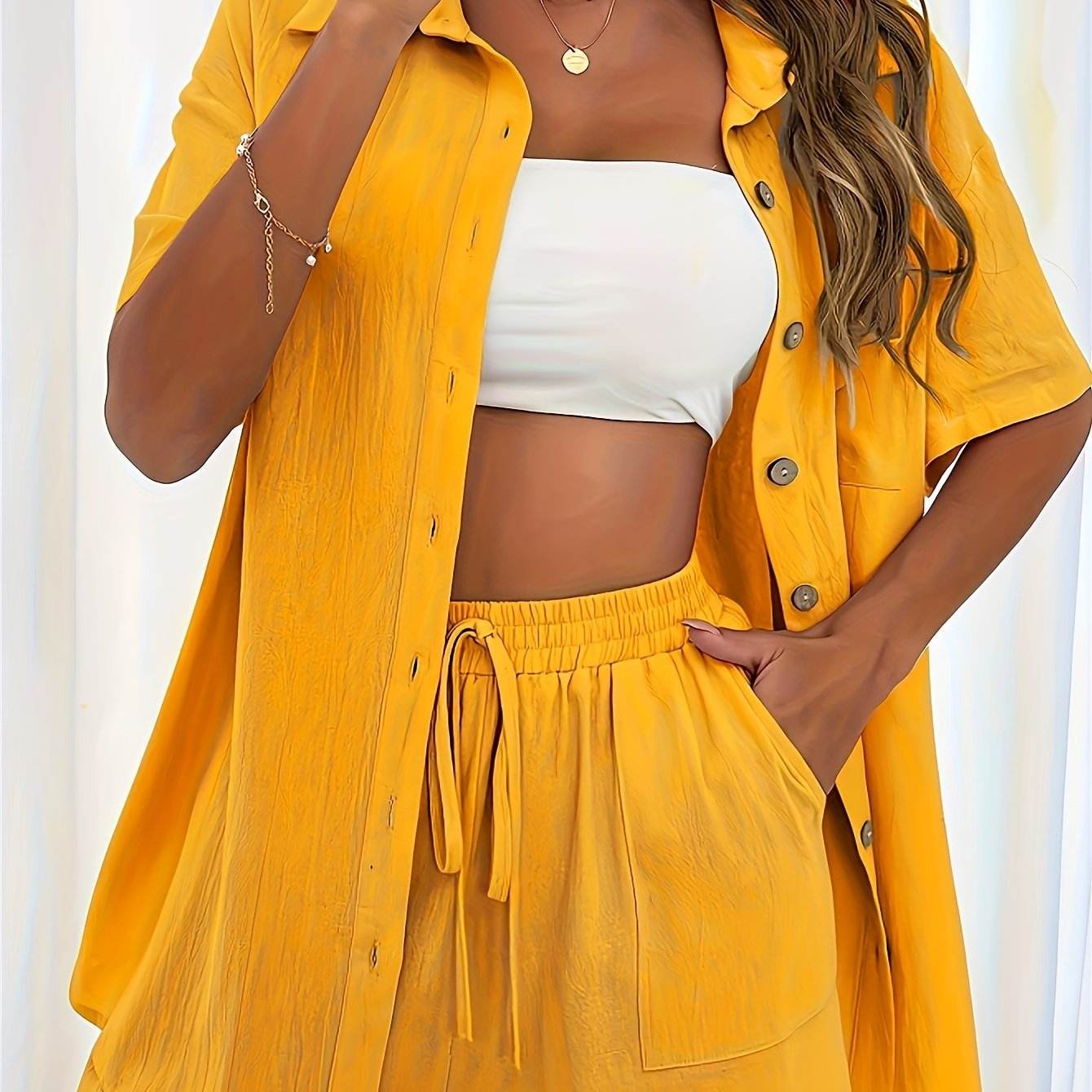 Women's Solid Color Two-Piece Set - Fashionable Pocket Shirt & Shorts - Buy Center