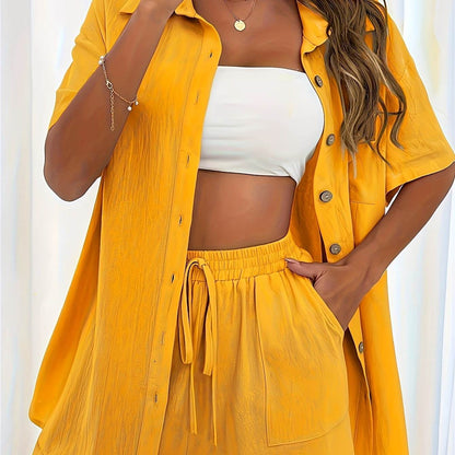 Women's Solid Color Two-Piece Set - Fashionable Pocket Shirt & Shorts - Buy Center